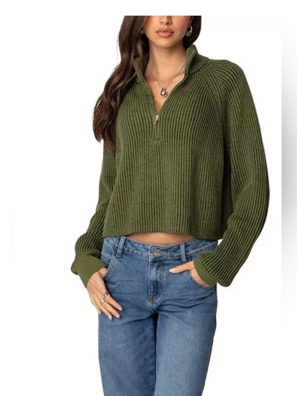 Edikted Green Cable Knit Cropped Rib Half Zip Sweater size XS